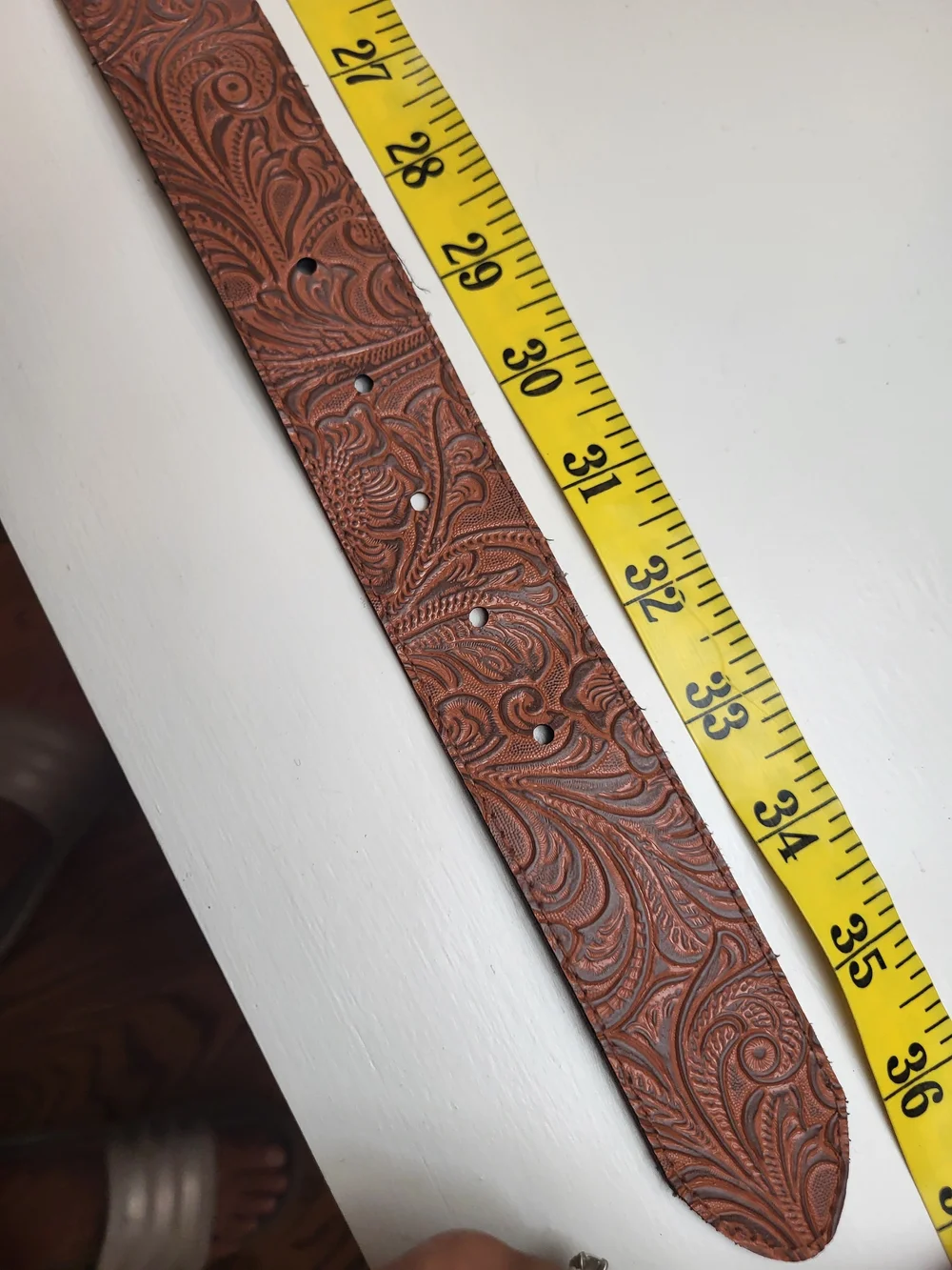 Brown Tooled Faux Leather Belt with Ornate Silver-Tone Rhinestone Buckle
